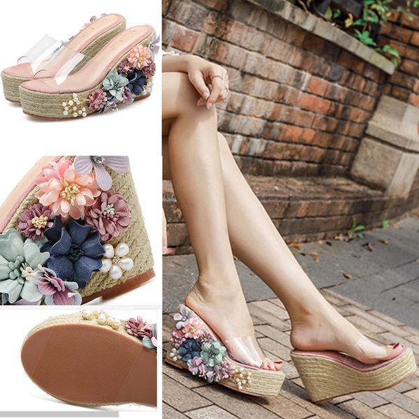 

women cane wedges slippers with pearl flower 2020 new lady summer platform thick open toe flip flops woman slides shoes ladies, Black