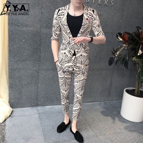 

new mens 3pcs suit set floral printed half sleeve blazer coat skinny pants slim fit casual suit night club male outfits matching, White;black