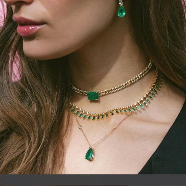 

большой зеленый багет cz майами кубинский звено цепи ожерелье для женщин iced out bling cz цепи колье 32+8 см, Silver