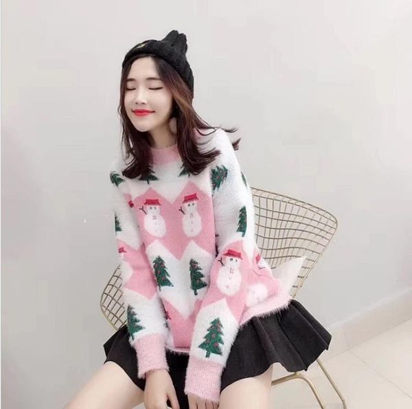 

autumn winter christmas pullover sweater mohair christmas snowman o-neck sweater loose long sleeve plush knit, White;black