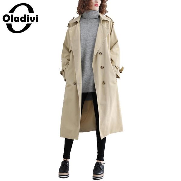 

oladivi plus size women trench coat fashion ladies casual loose overcoats 2019 autumn winter new outerwear female cardigans, Tan;black