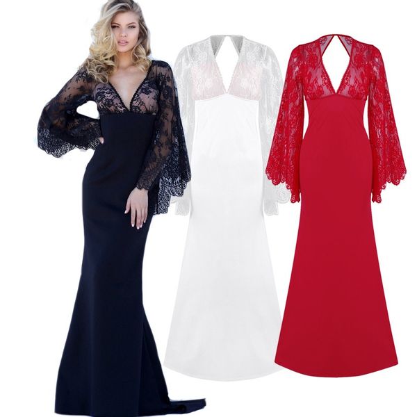 

evening dresses for autumn 2019 lace bat sleeve deep v prom dresses white red, Black;red