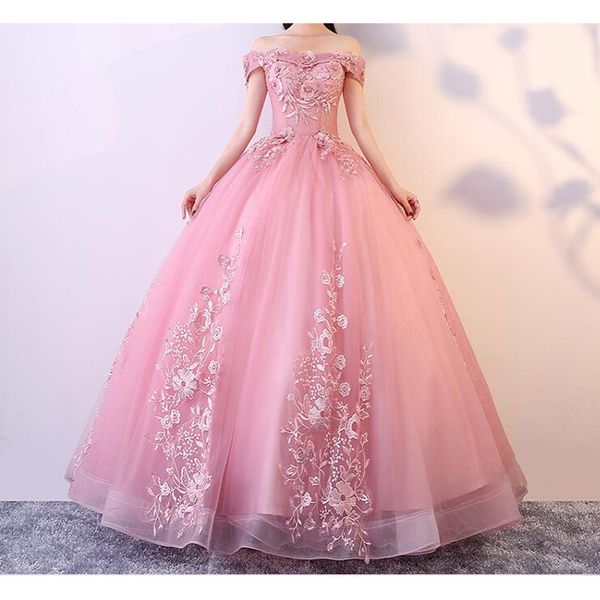 

pink ball gown wedding dress strapless lace-up with zipper back floor length vestidos de novia floral applique, White