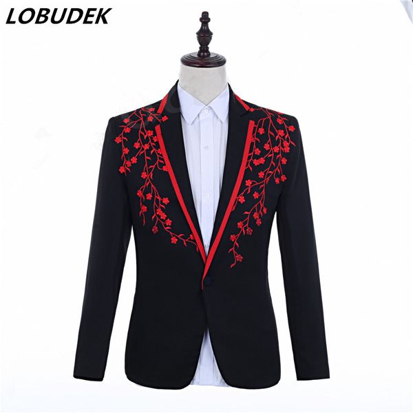 

men's applique design formal suit jacket black-red floral blazers male singer host wedding groom dress slim coat plus size s-3xl, White;black