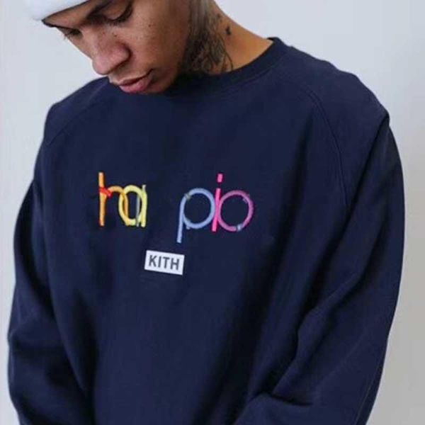 

18fw cham-kith co-branded sweater retro street fashion embroidery logo casual men and women couples round neck sweater hfsswy063, Black