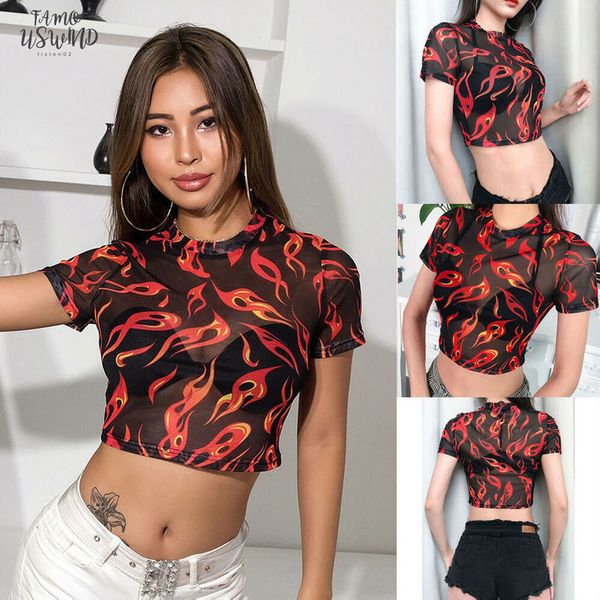 

women perspective short sleeve crew neck flame print sheer short mesh angel crop holiday, White