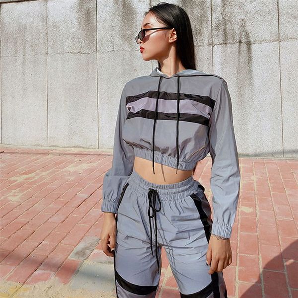 

3M Reflective Women 2Pcs Sets Contrast Color Panelled Sexy Causal Suits Lady Long Sleeve Short Top Pencil Pants Clothing Suits