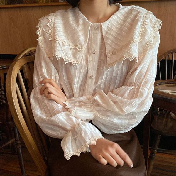

alien kitty chic korean sweet girls vintage peter pan collar 2020 lace retro lace ruffles all match patchwork office lady shirts, White