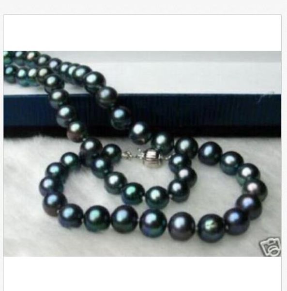 

18"9-10mm tahitian black green genuine round pearl necklace 14k 785aaa, Silver