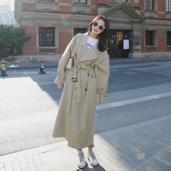 

women's trench coats long fashion lady waist sashes outerwear windbreaker loose coat big pocket overknee women chic dust, Tan;black