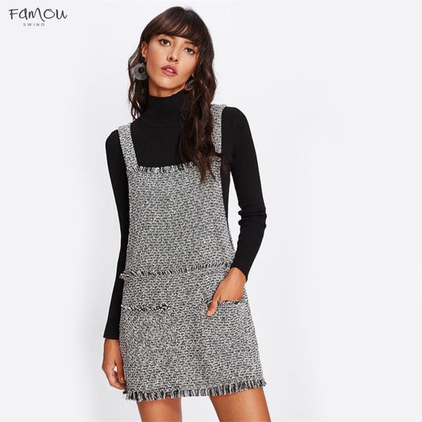 

Dress Detail Fringe Tweed Dress 2019 Women Square Neck Spaghetti Strap Sleeveless Polyester Button Pockets Short Pinafore Dress