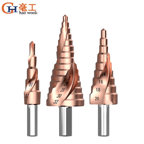 

haowook 4-12/20/32mm hss co m35 ticn coated step drill bit spiral/straight groove wood metal hole drill cutter cone bit