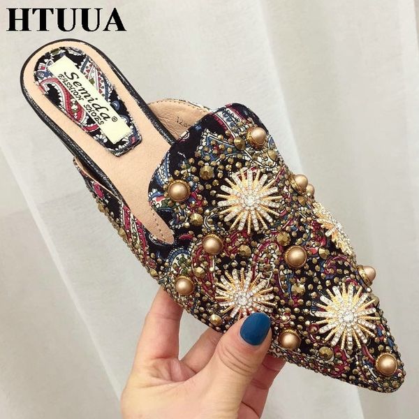 

htuua fashion pointed toe mules shoes women slippers spring summer flat heel slides national rivet crystal female sandals sx2224, Black
