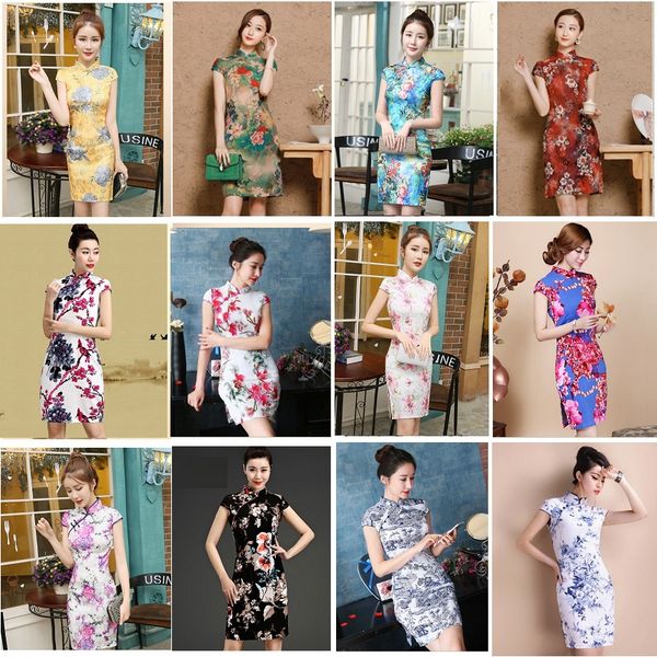 

китайский платье qipao короткие большой размер 2018 лето осень партия белье-шелковый платье восточный красный фиолетовый черный 5xl 3xl 4xl, Red