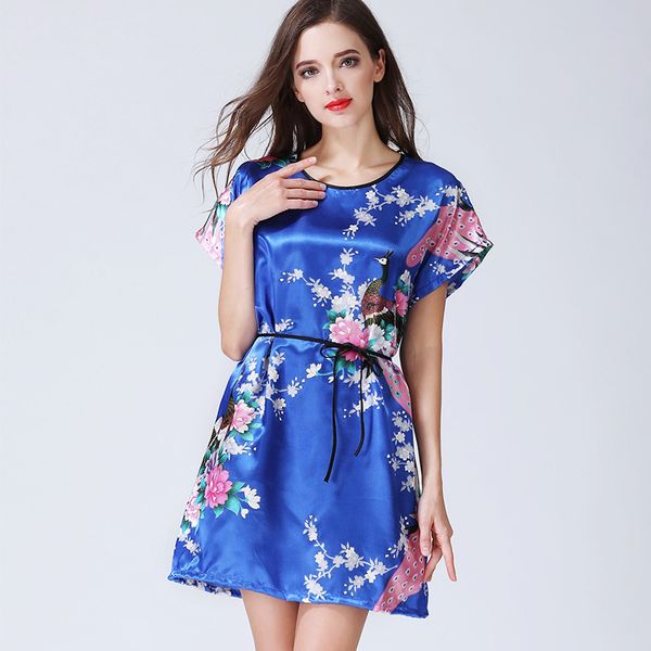 

горячая продажа faux женщин silk robe ванна платье summer lounge ситцевое платье павлин пижамы sexy nightgown цветок, Black;red