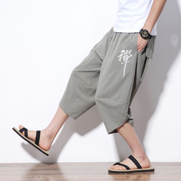 

chinese style calf-length harem pants men streetwear cotton joggers men casual embroidery baggy pants, Black