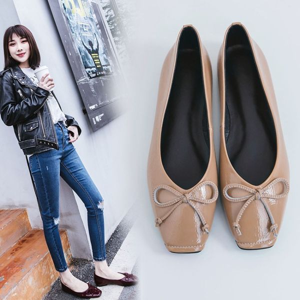 

leather shoes women's full-grain leather square head flat heel low-cut casual shoes spring and autumn korean-style bow casual sh, Black