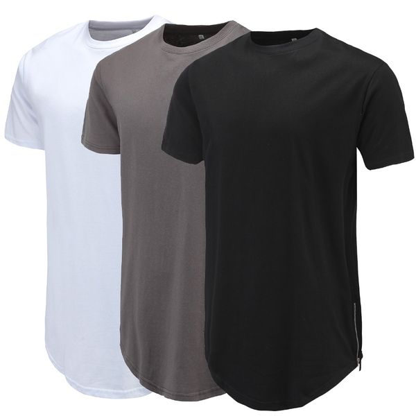 

men casual t-shirt curve hem side with zipper short sleeve streetwear men long line hip pop style fashion extend swag t, White;black