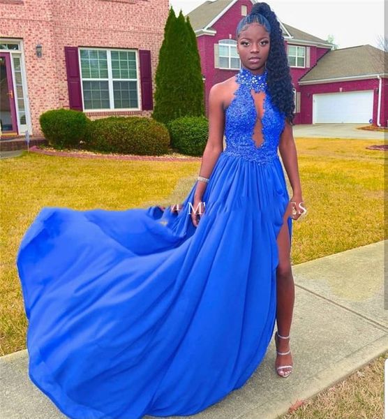 

high neck royal blue african prom dresses long slit train evening gown applique lace backless vestidos de festa, Black