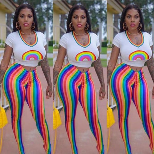 

v neck skinny two piece sets womens two piece pants fashion rainbow printed short sleeve crop 2pcs sexy, White