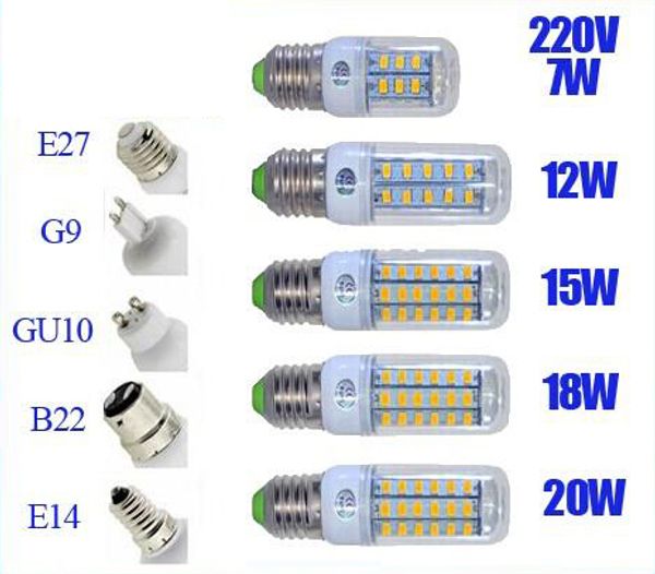

smd5730 e27 gu10 b22 e14 g9 led lamp 7w 12w 15w 18w 220v 110v 360 angle smd led bulb led corn light 24led