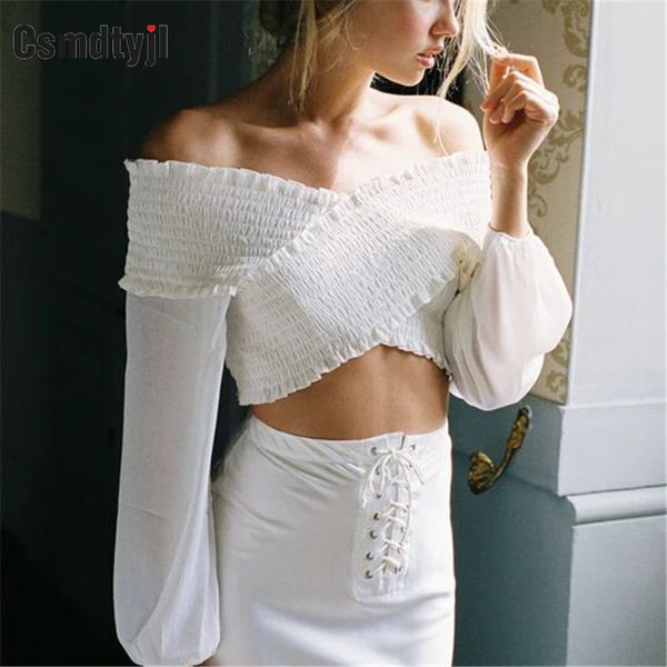 

women elastic ruffles crop blouses vintage v neck long sleeve female shirts white slim chic