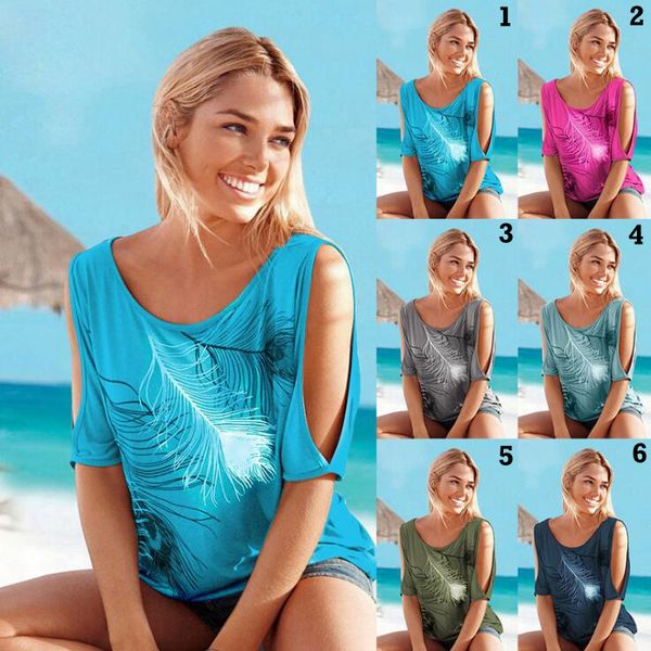 

feather off shoulder shirt 6 colors women summer feather printed o-neck strapless shirts tees ooa7036-11, White