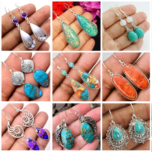 

bohemia vintage long drop earring for women boho jewelry ethnic natural blue turquoises stone earrings pendientes z5c257, Silver