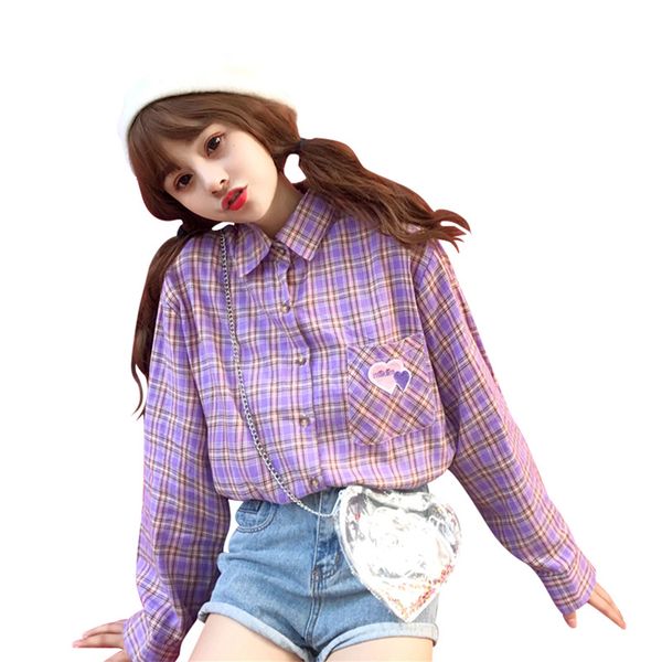 

heart embroidery plaid female blouses turn down collar long sleeve women shirts spring autumn sweet loose blouse wholesale, White