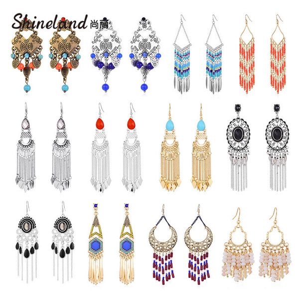 

shineland bohemain long tassel beads drop dangle earrings vintage statement ethnic maxi brincos for women gift wholesale, Silver