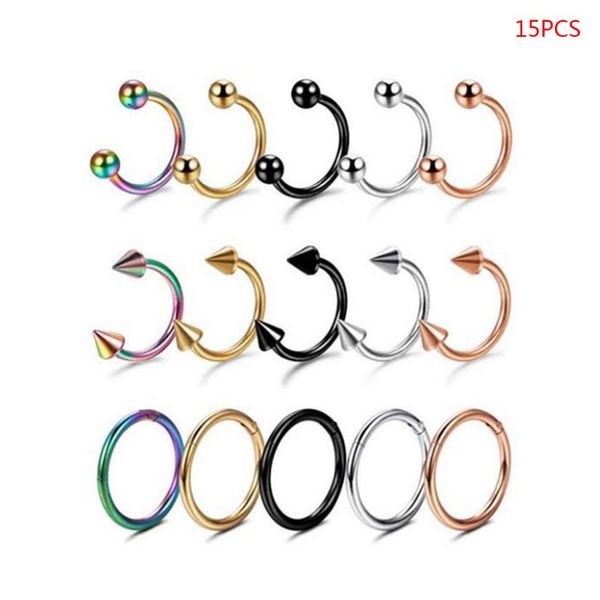 

15 pcs nose piercing surgical steel tragus helix body jewelry set eyebrow nostril rings, Silver