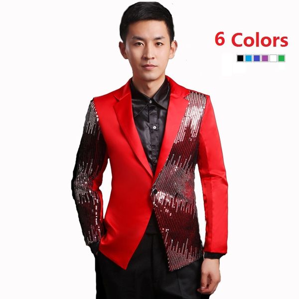 

new men sequins singer stage costumes moderator paillette clothes blue green red black color sequin blazer jacket, White;black
