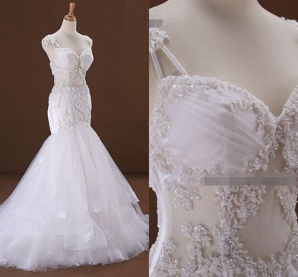 

luxury pearls applique beads mermaid wedding dresses spaghetti pleated layers tulle skirt bridal dress gowns party dress for bride plus size, White