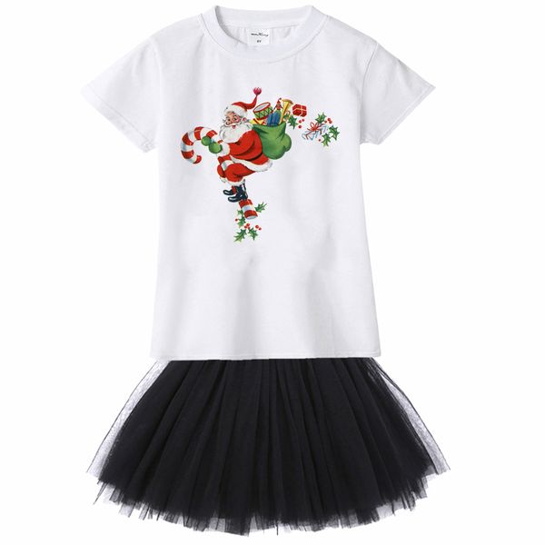 

christmas santa new summer girls clothes white t-shirt tutu skirts children clothing set fashion holiday suits happy christmas
