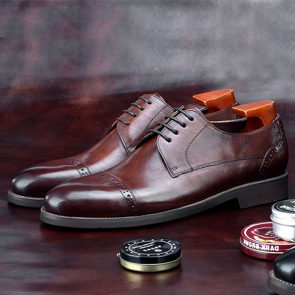 

new arrival man semi brogue shoes natural genuine leather handcrafted cap toe oxfords round toe laces men's formal flats bgq208, Black