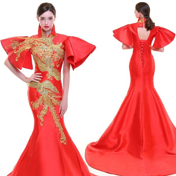 

phoenix embroidery chinese style long trailing cheongsam slim evening dress stage dance dressing qipao vestidos, Red