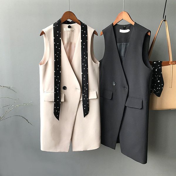 

suit vest women sleeveless elegant long vest jacket women colete feminino black blazer office coat waistcoat c5597, Black;white