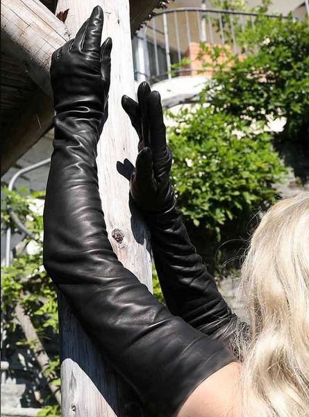 

lady real sheep leather super long shoulder long leather gloves black, Blue;gray