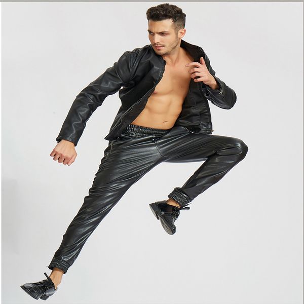 

harlan leather pants men's elastic waist locomotive harlan men's personality casual beam pants hip hop ropa de hombre 2018, Black