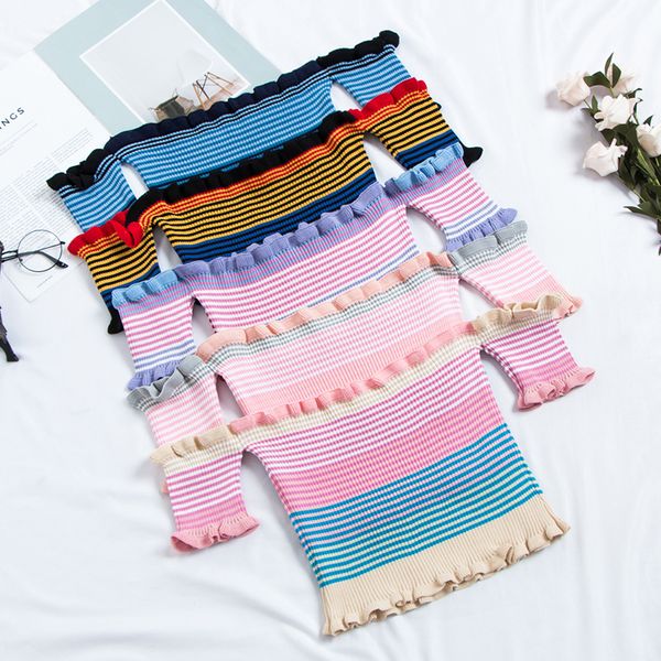 

womens clothing women shirt summer sweet ruffles striped slash neck cropped t shirts women short sleeve knit crop for girls, White