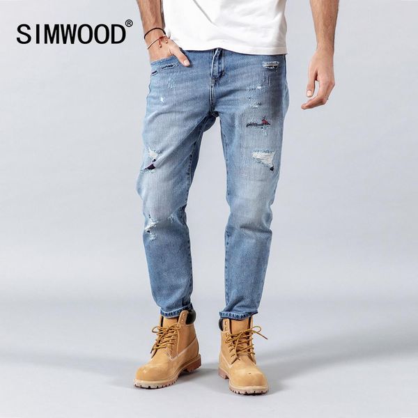 

simwood 2019 весна лето новые джинсы мужчины мода лоскутное отверстие джинсовые брюки до щиколотки хип-хоп разорвал уличную одежду 190031, Blue