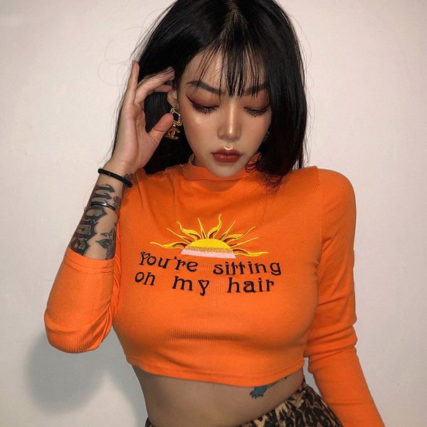

letter print orange streetwear crop women 2020 spring o neck long sleeve knitted cool girl clothing t shirts tide, White
