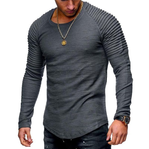 

2018 new fashion men's round neck slim solid color long-sleeved t-shirt striped fold raglan sleeve style t shirt men tees, Black