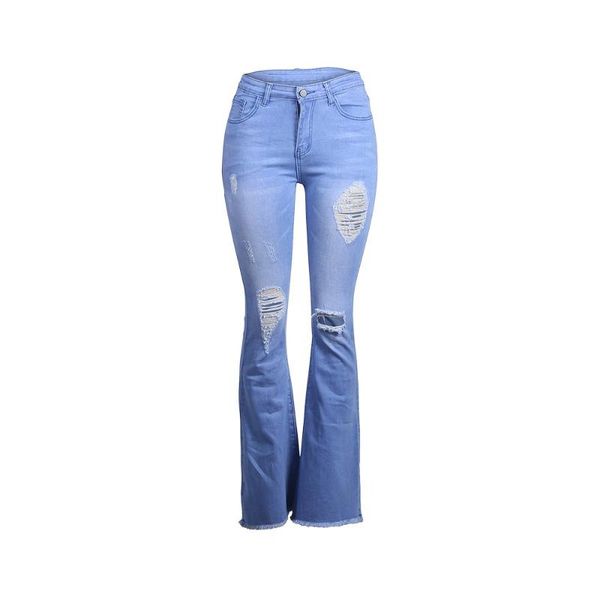 

new jeans 2020 summer high waist mom jeans flare denim bell bottom ripped for women female wide leg skinny pants woman#j, Blue