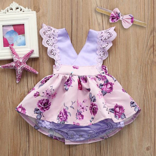 

muqgew 2pcs newborn baby girls summer clothes set infant lace flutter sleeve bodysuit tutu dress with bow head band outfit, White