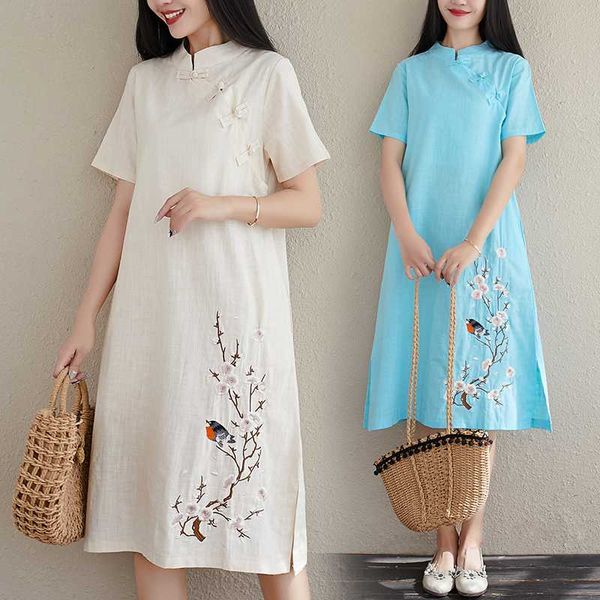 

2020 chinese dress cheongsam qipao women cotton and linen cheongsam dress short sleeve qipao dresses for women floral print, Red