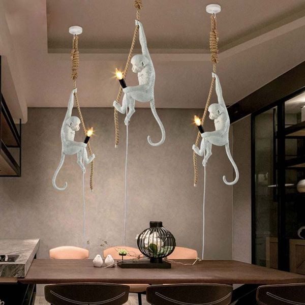 

modern creative resin white monkey lamp loft vintage hemp rope pendant light for home bar cafe retro hanging pendant lamp