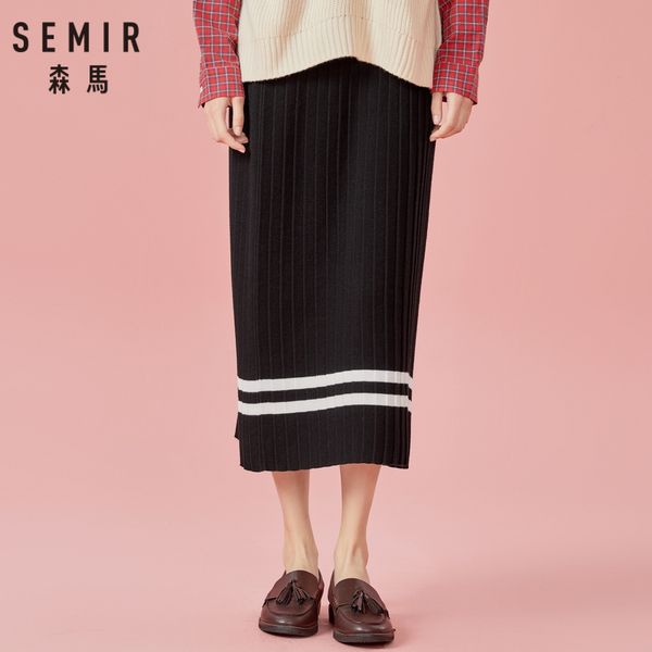 

semir women pleated calf-length rib knit skirt with contrasting stripe lined in high waist ribbing at waistband women's skirt, Black;gray
