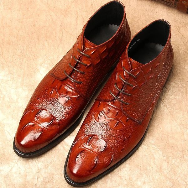 

mrcave autumn fashion crocodile men's casual shoes leather men dress shoes lace-up men's footwear boots drop shipping, Black