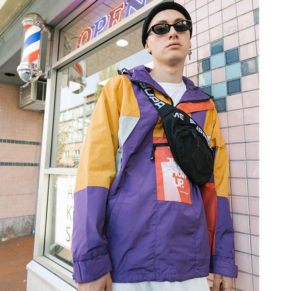 

марка мужчины harajuku hip hop пальто куртки streetwear цвет блока с капюшоном ветровка куртка ретро лоскутная zip track jacket осень, Black